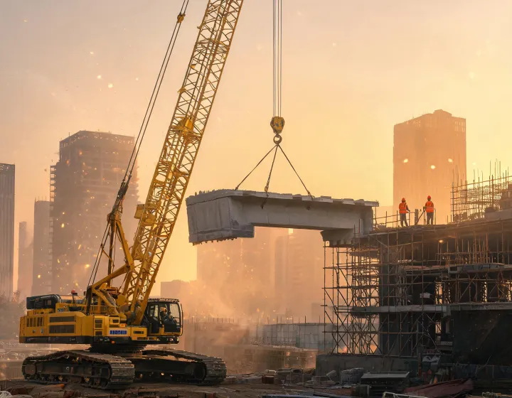 Liebherr crawler crane lifting precast segment on high-rise site