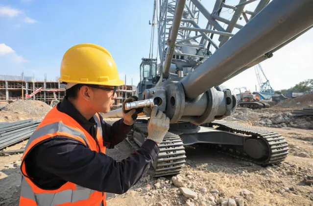 Field service engineer inspecting crane boom pin